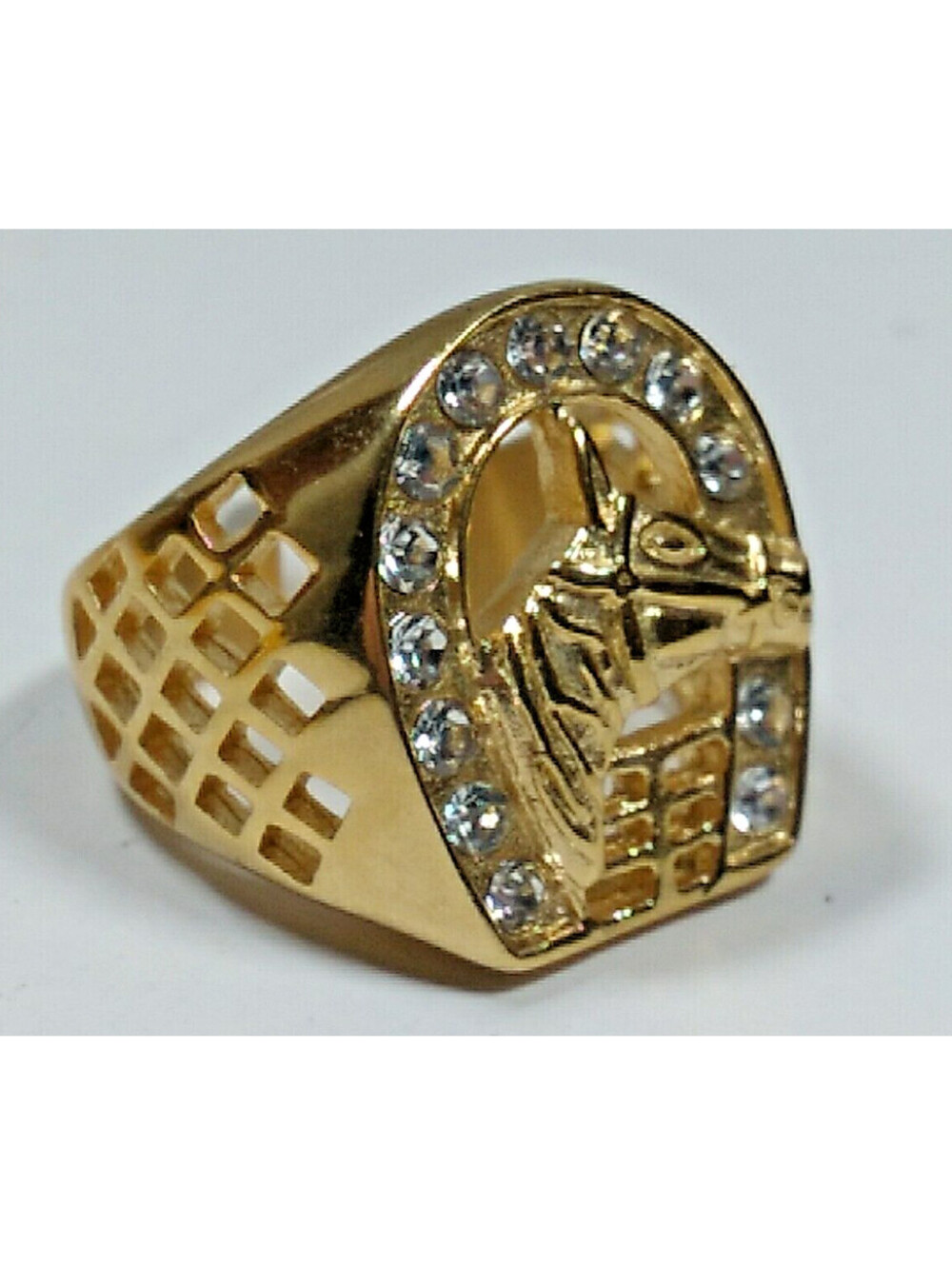 Yellow Gold electroplated Western Horse Ring Cubic Zirconia Horseshoe Mens sz 11